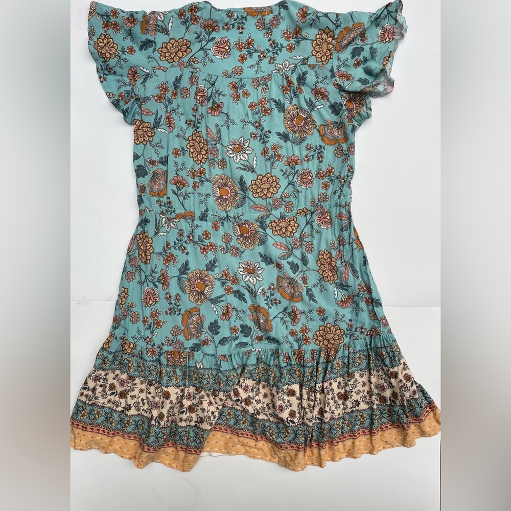 Floral Print Petal Sleeve Ruffle Hem Teal and Cream Dress - Picture 6 of 10